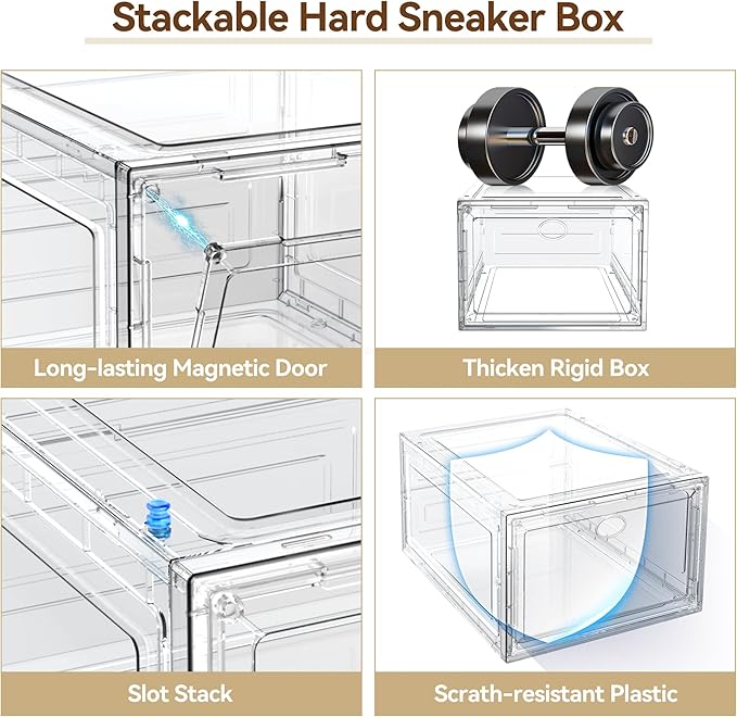 Katoora XX Large Clear Shoe Storage Box Organizer for Closet, 9 Pack Thicken Hard Plastic Stackable Shoe Sneaker Rack Display Case Container Bins Organizer, Easy Assembly, Clear