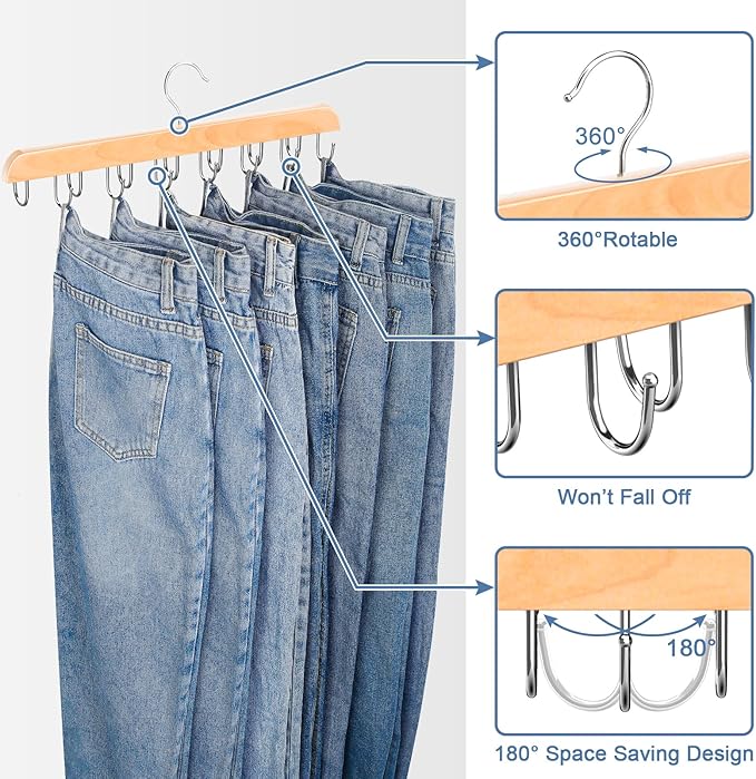 Jean Hangers for Closet, 14 Wood Jeans Hooks Space Saving, 180° Rotating Jean Hangers Holder for Skirts/Shorts/Belts/Ties, Closet Organizers and Storage, Pants Hooks for Jeans, 2 Pack, Natrual