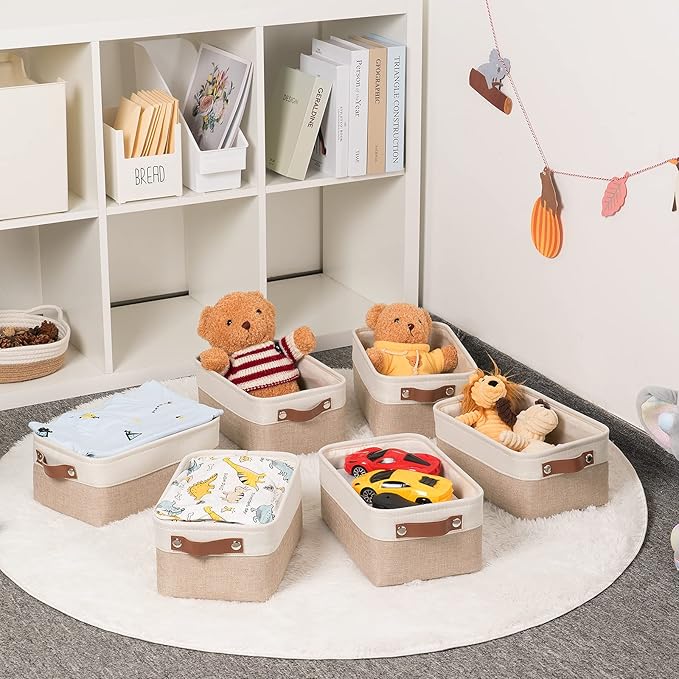HNZIGE Small Fabric Baskets for Organizing(6 pack) Collapsible Storage Baskets for Shelves, Closets, Laundry, Nursery, Decorative Baskets for Gifts Empty (White&Beige, 11.8" x 7.8" x 5.1")