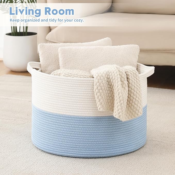 Foldable Laundry Hamper Basket with Collapsible Handle Cotton Rope Soft Woven Fabric Storage Organizer Clothes Toys Nursery Bedroom Dorm Space Saving Bin (White & Blue, 65L(19.7"D x 12.6"H))
