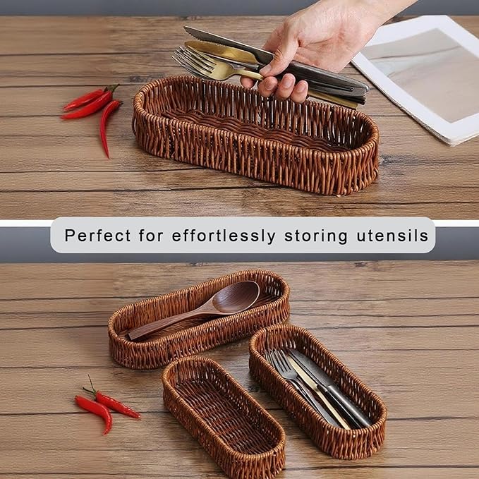 Set of 3 Silverware Drawer Organizer Makeup Baskets, Wicker Flatware Organizer for Knives Spoons Fork , Utensil Basket for Kitchen Drawers Cutlery Holder for Party Brown