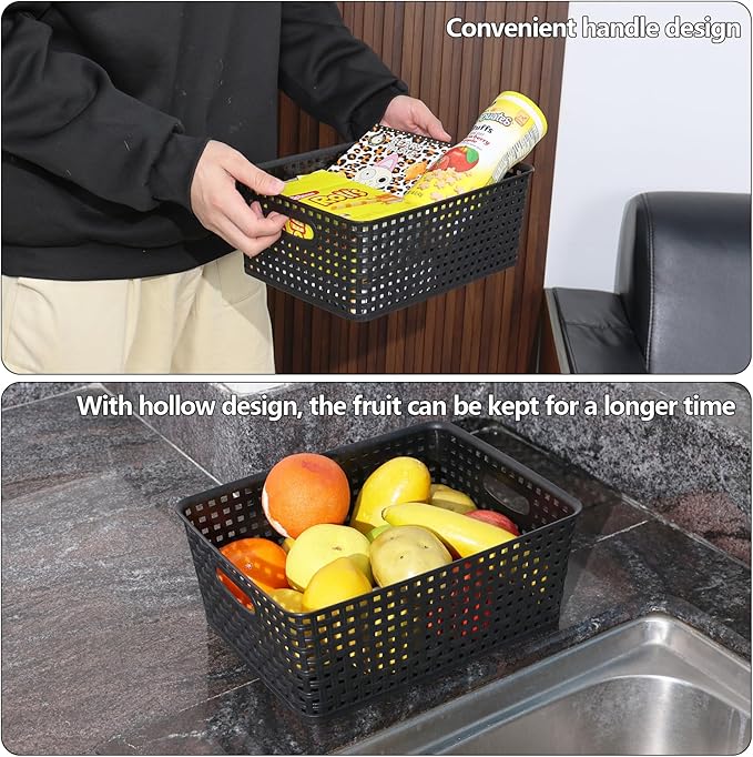 Plastic Weave Storage Basket, Woven Plastic Storage Baskets, Medium Black, 4 Packs