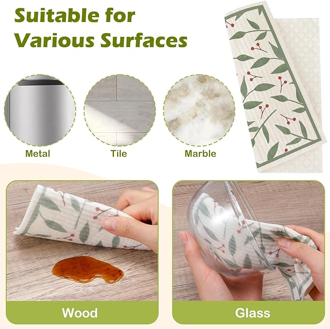 6 Packs Swedish Paper Cloths for Kitchen, Reusable Paper Towels Washable Dish Rags, Highly Absorbent Kitchen Towels Quick Drying Swedish Sponge Cleaning Dish Cloths (Plant Leaves)