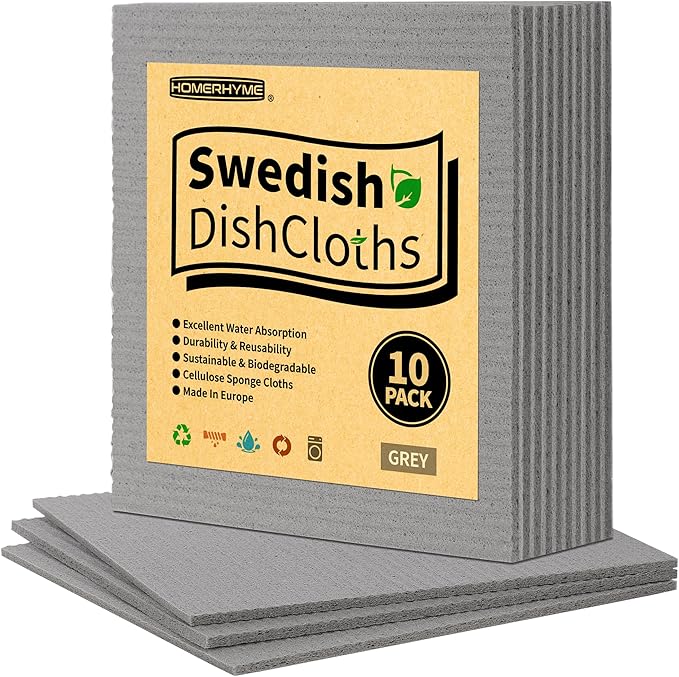 HOMERHYME Swedish Dishcloths, 10 Pack Absorbent Dish Towels for Kitchen, Multipurpose Cellulose Sponge Cloths, Reusable Washable Towels for Home & Kitchen, Grey