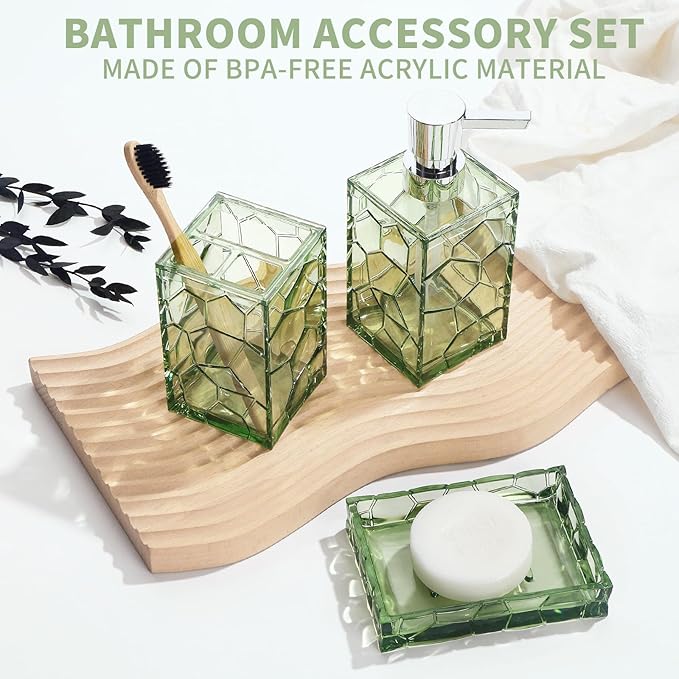 Green Bathroom Accessories Set with Toothbrush Holder, Soap Dispenser, Tumbler, Soap Dish, Sage Green Bathroom Decor, Acrylic (Green-4pcs)