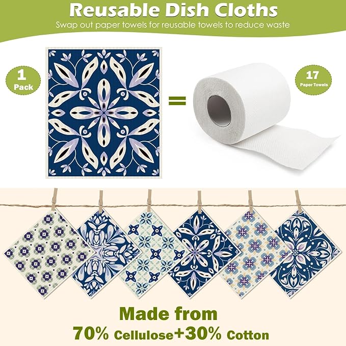 6 Packs Swedish Paper Cloths for Kitchen, Reusable Paper Towels Washable Dish Rags, Highly Absorbent Kitchen Towels Quick Drying Swedish Sponge Cleaning Dish Cloths (Blue Ornamentation)