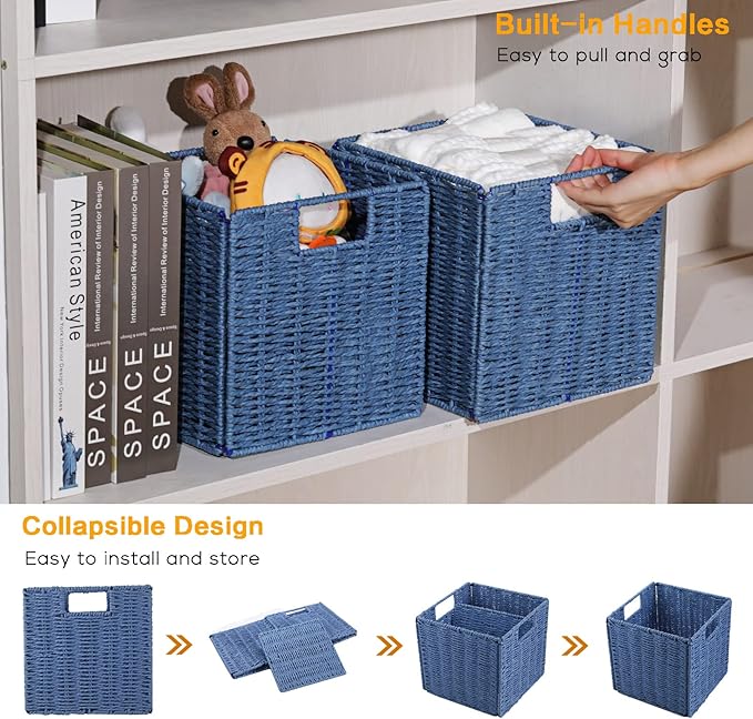 Vagusicc Wicker Storage Basket, Set of 2 Hand-Woven Storage Baskets for Shelves with Handles, Foldable Cube Storage Baskets Bins 11 Inch Large Wicker Baskets for Pantry Decor, Blue(11''x11''x11'')