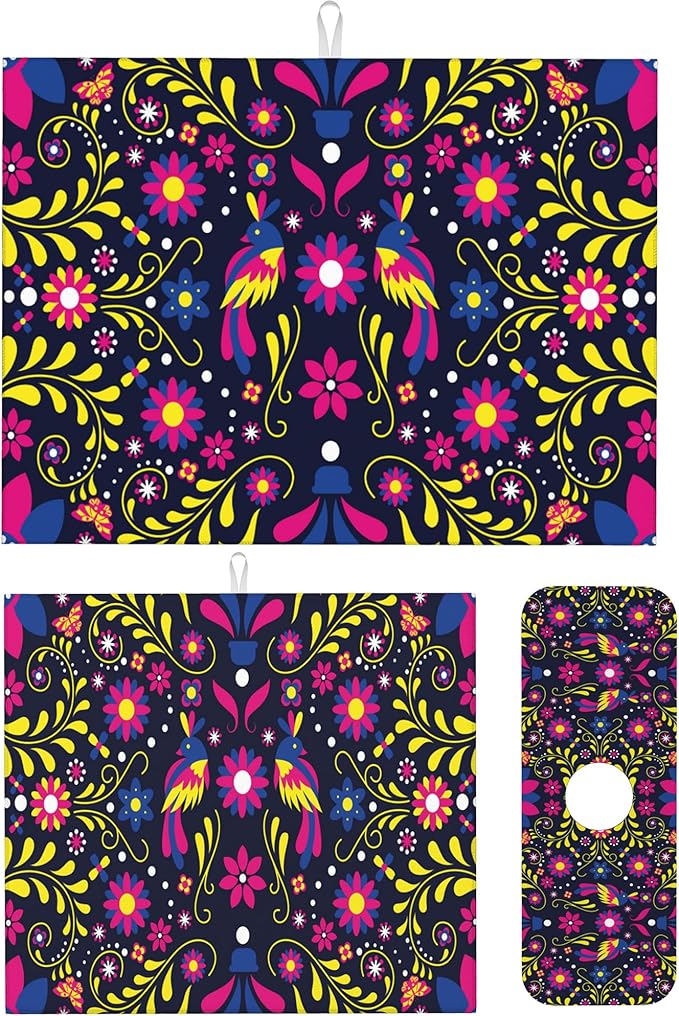 3Pcs Mexican Floral and Bird Dish Drying Mat & Kitchen Sink Splash Guard Faucet Mat For Kitchen Counter Absorbent Microfiber Dishes Pad Dish Drainer Rack Mats Fast Dry Kitchen Accessories