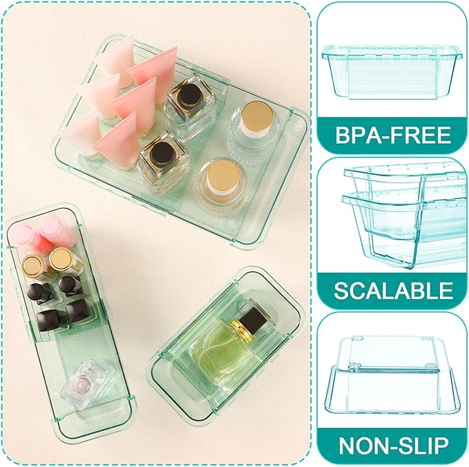 15 Pcs Extendable Clear Drawer Organizer, All Adjustable Vanity Storage Box, 2-Size Desk Drawer Organizer, Acrylic Storage Bins for Makeup, Bedroom Dressers Tool Organizer for Gadgets, Blue