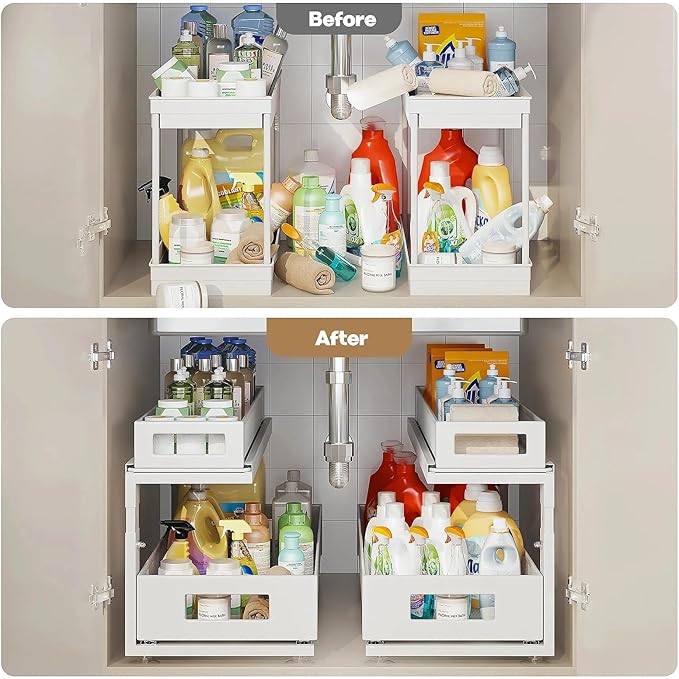 Corbyles 2 Pack 21.3IN-Depth Under Sink Organizer With Next-Gen Ball-Bearing Slides,2-Tier Pull Out Cabinet Storage,Height Adjustable Drawer Shelf for Bathroom,Kitchen,Laundry,Cabinet,Pantry-White