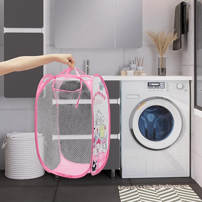 Cute Mesh Popup Laundry Hamper with Carry Handles, Large Capacity Foldable Lightweight Dirty Clothes Basket for Girls Room, Dorm | Travel & Camping