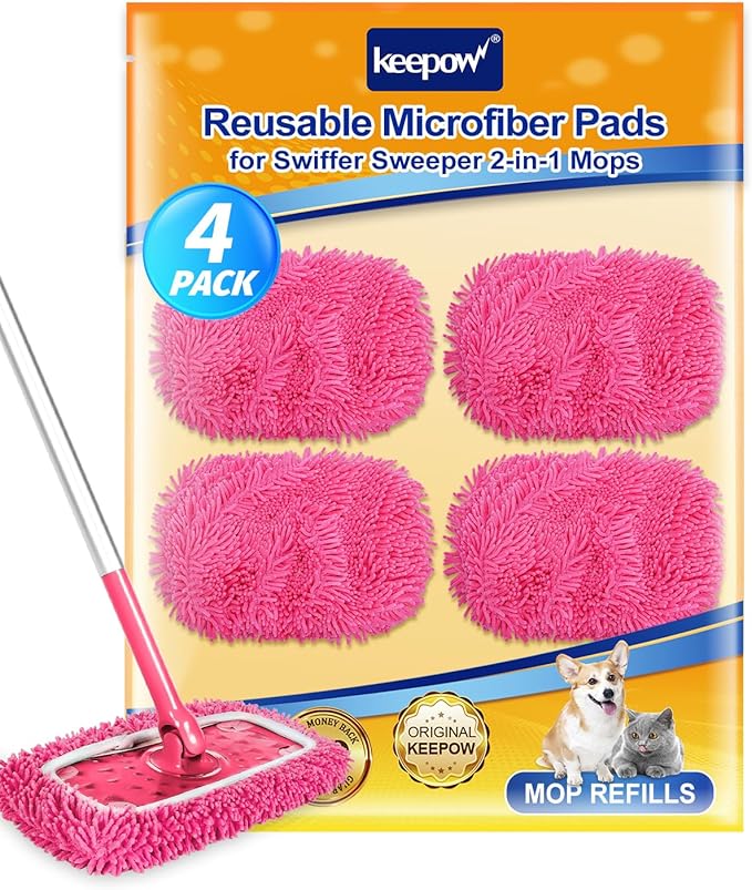 KEEPOW Pink Reusable Dry Sweeping Cloths Microfiber Wet Mop Pads Compatible with Swiffer Sweeper Mop Replacement Sweeping Mopping pad Refills for Hardwood Surface Floor Cleaning (4PCS)