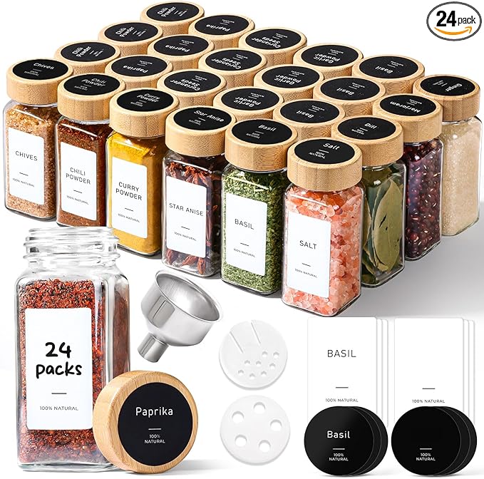 ComSaf Spice Jars with Label 4 oz 24Pcs, Glass Spice Jars with 6 Extra Shaker Inserts and 93 Labels, Seasoning Set with Bamboo Lids and Metal Funnel, Square Containers for Organization, Salt, Pepper