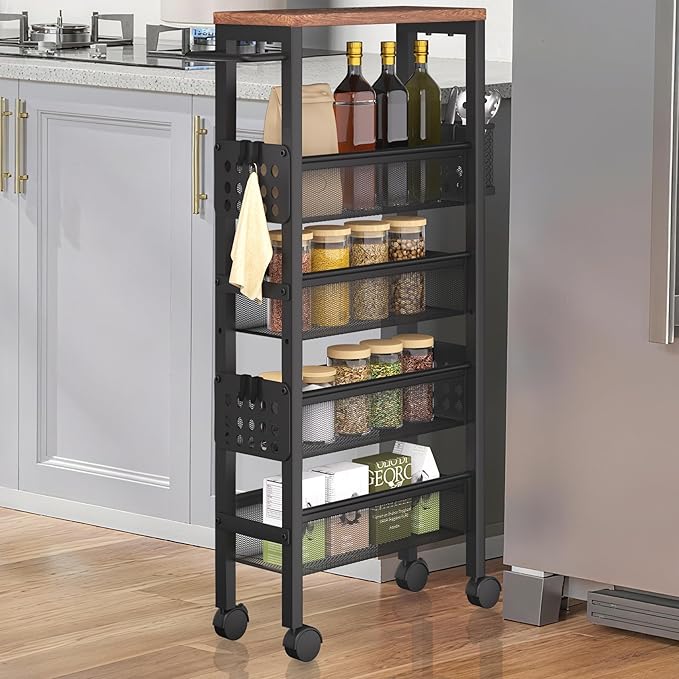 TORIBIO Slim Storage Cart, 5 Tier Narrow Kitchen Rolling Cart with Wheels for Small Space,Mobile Utility Cart Shelving Unit with Metal Frame and Wooden Top for Kitchen, Bathroom, Laundry Room