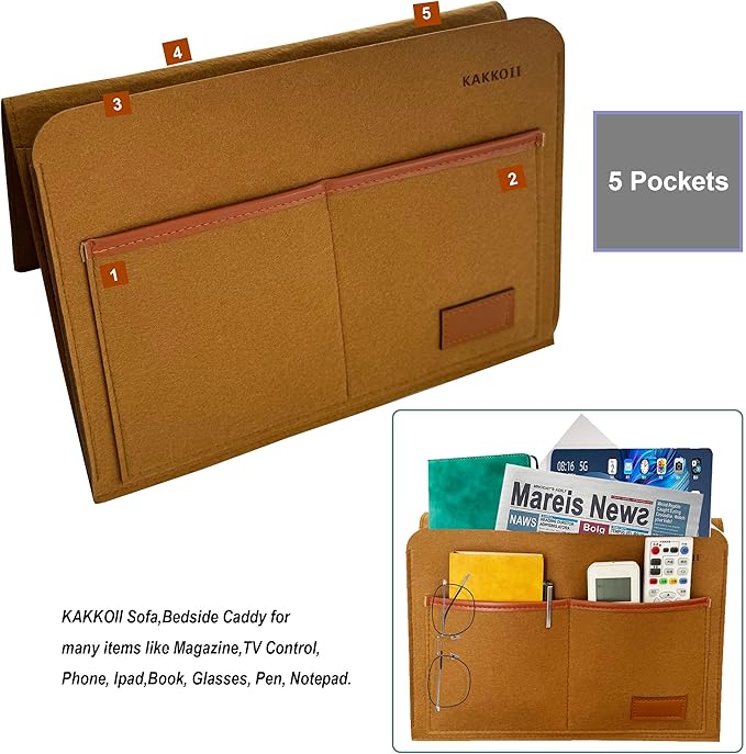 KAKKOII Bedside Caddy, Sofa Caddy, Storage Organizer Pocket for Dorm, Bedroom, 5 Pockets Felt Organizer for Magazine, Remote, Phone, Tablet, Pad, Glasses, Pen, Remote Control (Brown-Short)