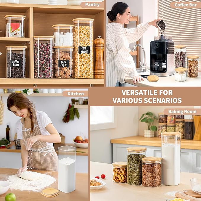 73 Oz Glass Storage Jars with Bamboo Lids - 3 Pack Clear Glass Canisters Square Airtight Stackable Ideal for Pantry Storage Containers Great for Storing Oats Coffee Beans Pasta Flour Rice etc