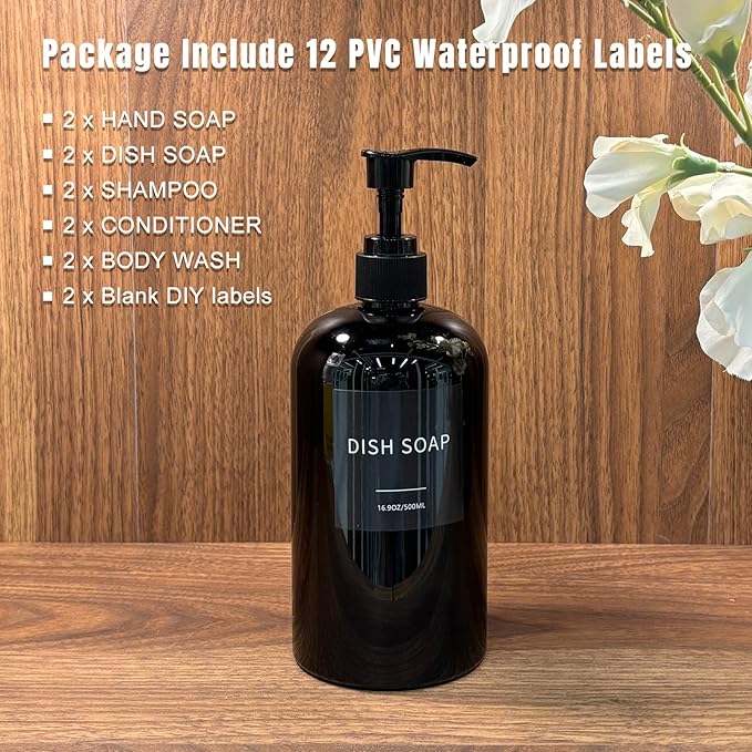 Soap Dispenser with Waterproof Labels, Thickened Plastic Hand Soap Dispenser for Bathroom, Kitchen Dish Washing Liquid Bottles, Shampoo and Conditioner Bottles (16.9 oz, Set of 2, Black)