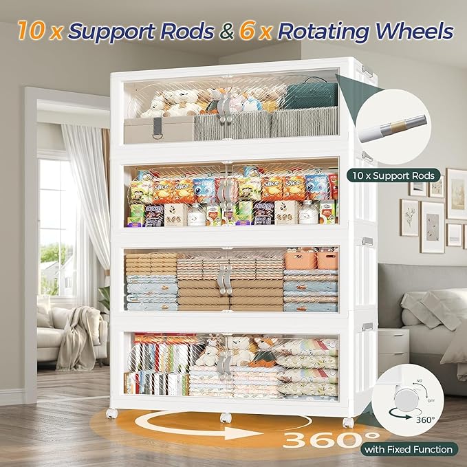 960QT Extra Large Stackable Storage Bins with Lid, 240Gal Plastic Closet Organizers and Storage Drawer, Collapsible Cabinet Box with Wheels Clear Doors for Home Kitchen Office, 4Pack White