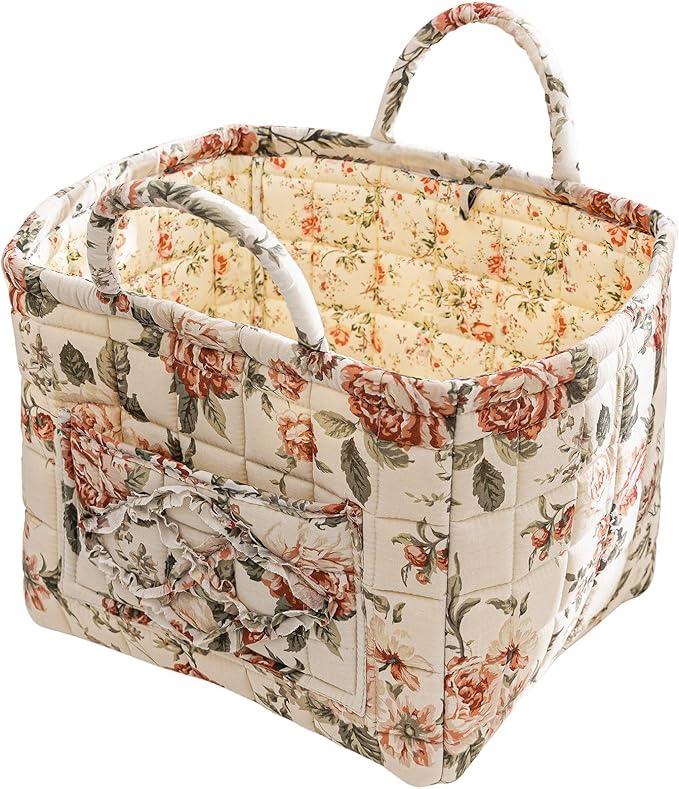 vctops Boho Cotton Quilted Storage Basket for Organizing, Basket Organizer Gift Baskets with Handles, Storage Bins for Toys, Books, Towels, and Clothes, Collapsible Fabric(Pattern A,13"x10.6"x10")