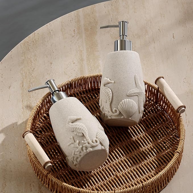 Soap Dispensers 350mL 11OZ, 2 PCS Luxurious Ocean Hand Dish Lotion Shampoo Soap Dispenser Jar, Sea Shell Soap Pump Bottles for Kitchen Bathroom Countertop Beige