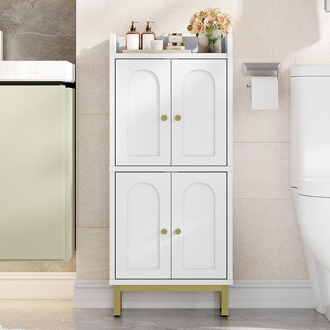 Bathroom Cabinet, Small Storage Cabinet with 4 Doors, Bathroom Organizers and Storage Cabinets with Adjustable Feet. Cabinets Freestanding for Living Room, Kitchen, 7.1"D x 14.6"W x 32.7"H