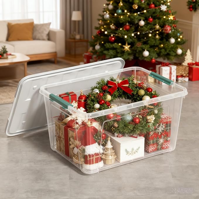 Zopnny Storage Box with Latch Lid, 2-Pack 85 Quart Storage Container, Stackable Durable Christmas Storage Organization Container Bin for Holiday Decorations and Accessories, Clear