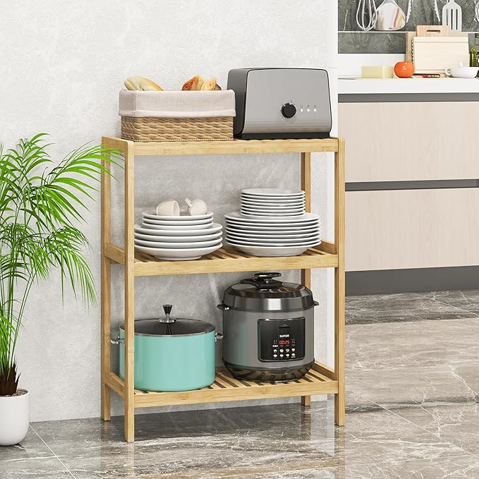 Bamboo Bathroom Shelf, Stand Utility Storage Shelf Multifunctional Bathroom Kitchen Living Room Holder Plant Flower Stand (3-Tier)