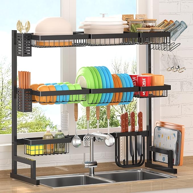 PUSDON Over Sink Dish Drying Rack Stainless Steel, Adjustable Large Dish Drainer for Storage Kitchen Organization Black 3 Tier - Standard(34"-46")