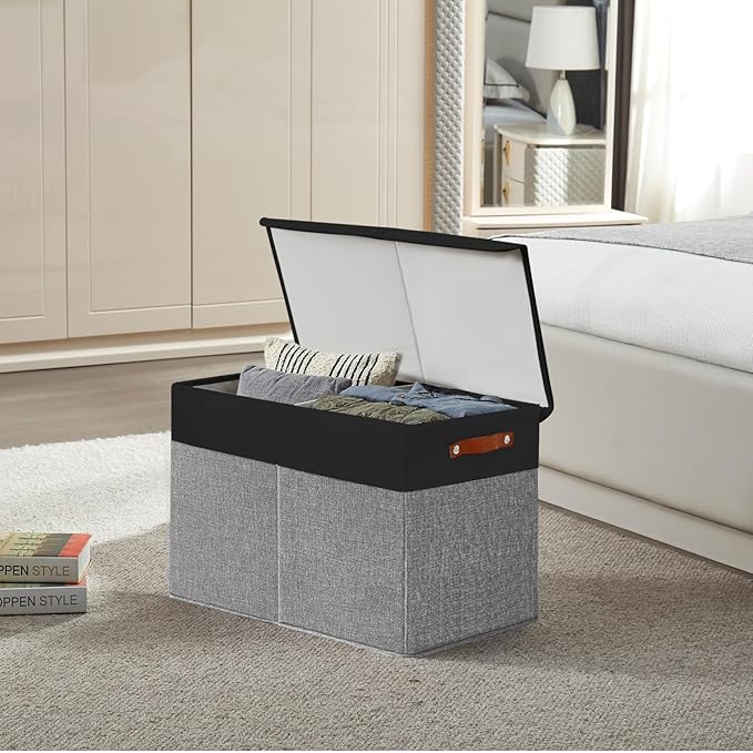 Large Toy Storage Box with Lids, Collapsible Sturdy Baby Storage Organizer Chest Bin Basket for Kids, Boys, Girls, Playroom, Nursery, Bedroom, Closet 25"x13"x16" (Gray and Black)