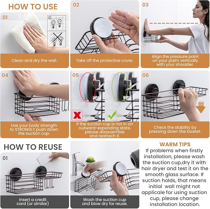 LEVERLOC Shower Caddy Suction Cup, Heavy Duty Bathroom Organizer for Inside Shower with Hooks & Soap Holder， NO-Drilling Bathroom Holder-Brown