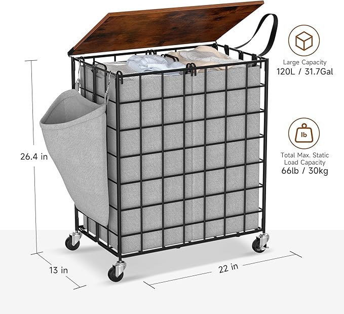 Laundry Basket with Wheels, Heavy Duty Laundry Sorter 2 Sections, Large Capacity 120L (32Gal.) Laundry Hamper with Wood Lid, 360 Rolling Wheels, Extra Side Pocket, Leather Pull Handle (Grey)