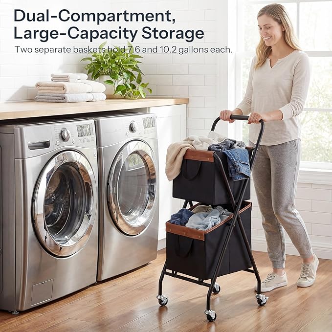 HOOBRO Folding Laundry Cart with Wheels, 17.8 Gal. (67.5 L) Rolling Laundry Hamper, 2 Section Clothes Basket with Metal Frame & Canvas Liner for Small Narrow Space, Black and Brown BB23XY01