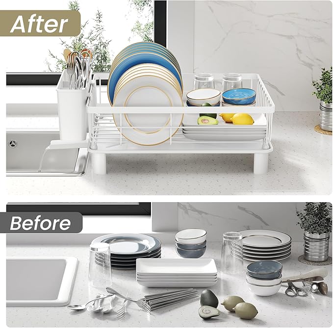 SNTD Dish Drying Rack - Small Dish Rack for Kitchen Counter, Stainless Steel Dish Drainer with Utensil Holder and Drainboard, 11" W x 15" L (White)