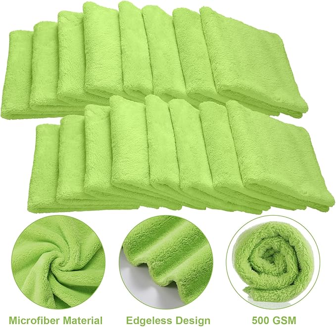 Shimeyao 30 Pcs Edgeless Microfiber Plush Towels for Cars Detailing Drying Wash Polishing Absorbent Cleaning Cloths, 500 GSM(16 x 16 Inch, Green)