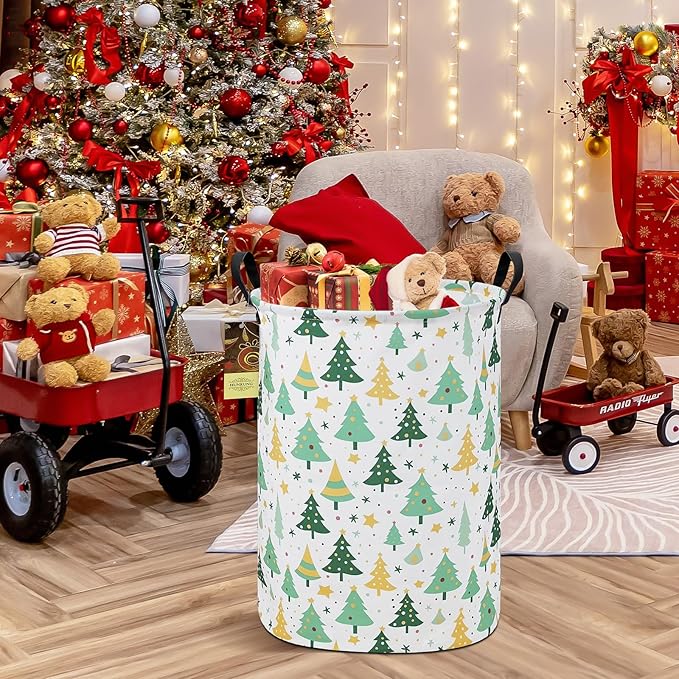 HUNRUNG Laundry Hamper,Large Canvas Fabric Lightweight Storage Basket Toy Organizer Dirty Clothes Collapsible Waterproof for College Dorms（Round-Green tree）