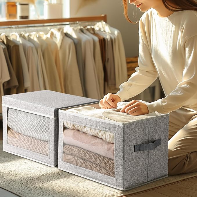 Large Storage Baskets Bins with Lids - Stackable Cube Bins for Closet, 3 Pack Windows Organizer Bins, Home Organizers and Storage for Clothes, CD, Towels, Light Grey
