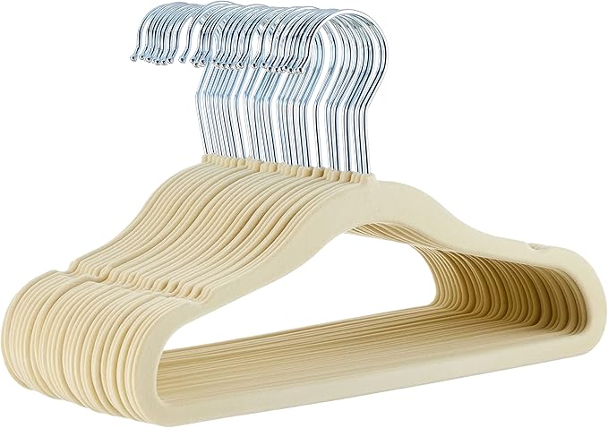Amazon Basics Kids Velvet, Non-Slip Clothes Hangers (Baby/Toddler), 11.6 inches (for Baby Clothes), Pack of 30, Beige