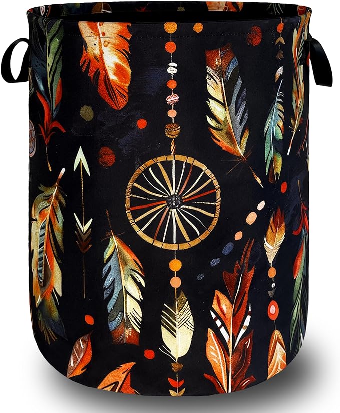 Boho Feather Printed Laundry Basket Foldable Oxford Cloth Colorful Laundry Hamper With Handle Portable Clothes Storage Organizer Basket 18.9 X 16.5 Inch Storage Bag For Laundry Room/Bathroom/Bedroom