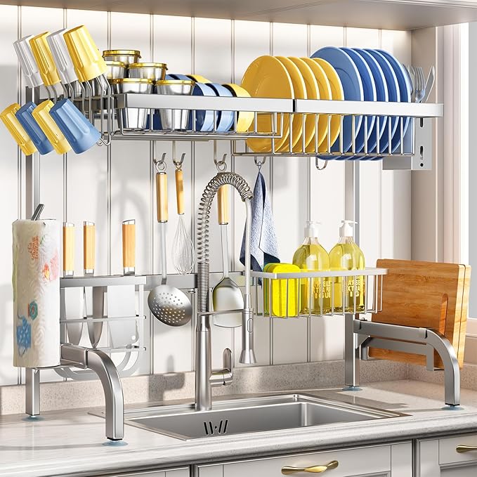 SAYZH Over The Sink Dish Drying Rack, Adjustable (25.5 to 33.5 inch) 2 Tier Metal Steel Dish Drying Racks for Kitchen Counter with Hooks Paper Towel Utensil Cup Holder Sink Caddy (Silver)