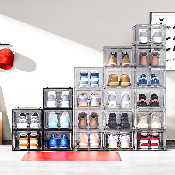 ARSTPEOE Upgrade Harder Solid Plastic Shoe Organizer, Shoe Storage with Magnetic Front Door, Shoe Rack 6 Pack Shoe Boxes Clear, Sneaker Storage, Shoe Organizer for Closet, Shoe Display Case, White