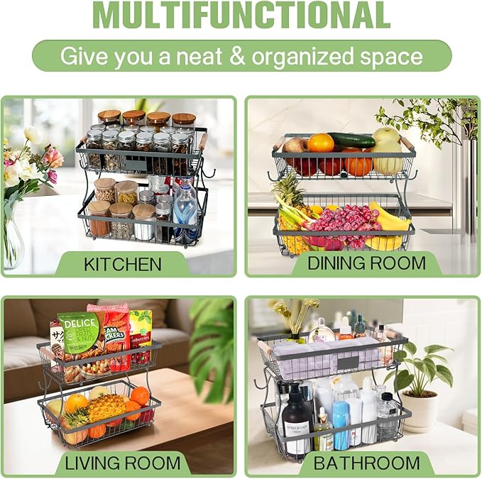 Fruit Basket Bowl 2 Tier Detachable with 2 Banana Hangers, Fruit Stand Holder for Kitchen Countertop, Metal Wire Vegetable Storage Organizer, for Bread Snack Veggies Produce, gray