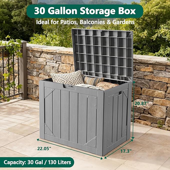 Outdoor Storage Box,30 Gallon Deck Box Outdoor Storage Bench Outside Waterproof Resin Storage Bench, Lockable Patio Cushions, Garden Tools Storage For Furniture, UV Resistant(Gray