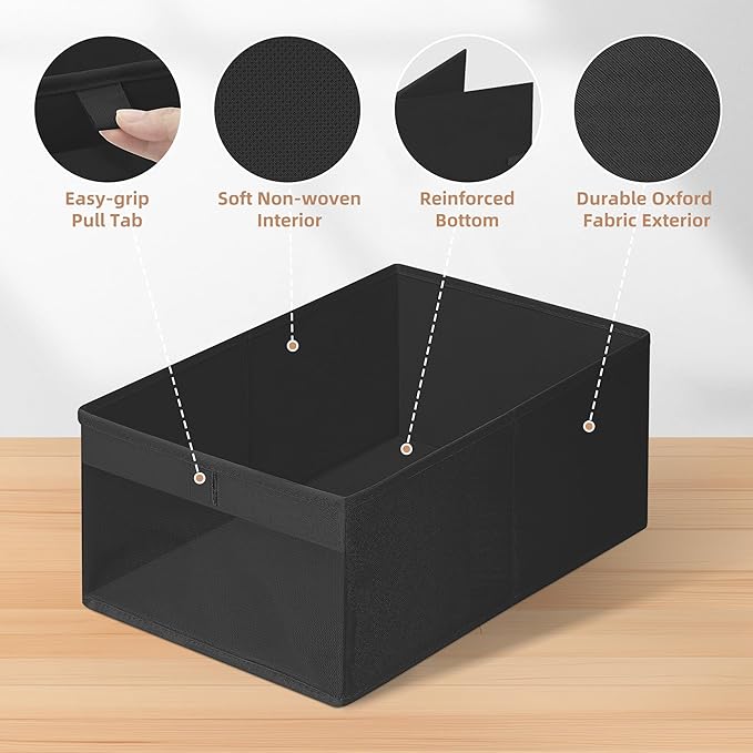 STORAGE MANIAC 4 Pack Storage Bins with Clear Window, Storage Boxes for Shelves, Sturdy Foldable Closet Organization Fabric Shelf Basket for Toy, Towel, Book, Jeans, Offices, Dorm, Wardrobe, Black