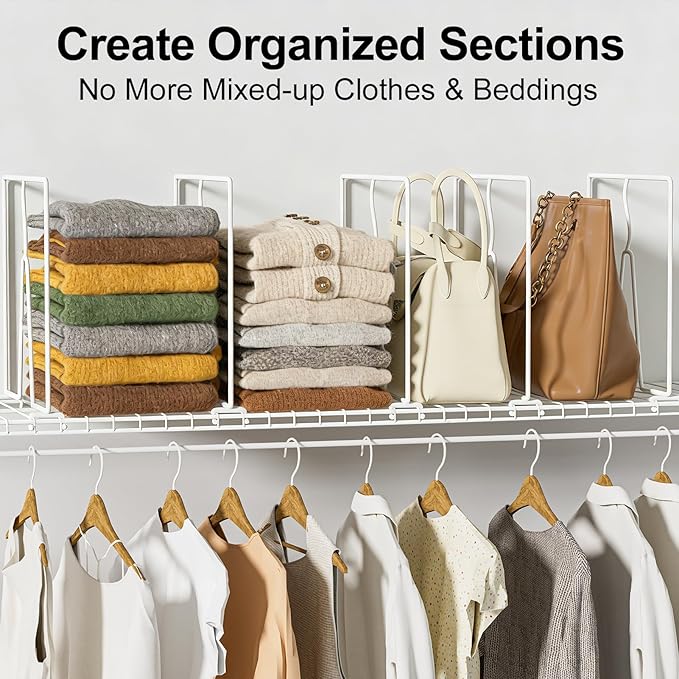 Wire Shelf Dividers for Closet: 12-inch Tall 12-inch Deep 6 Pack Wire Rack Accessories - Adjustable Purse Organizer for Clothes Handbags - Metal Linen Closet Pantry Separators