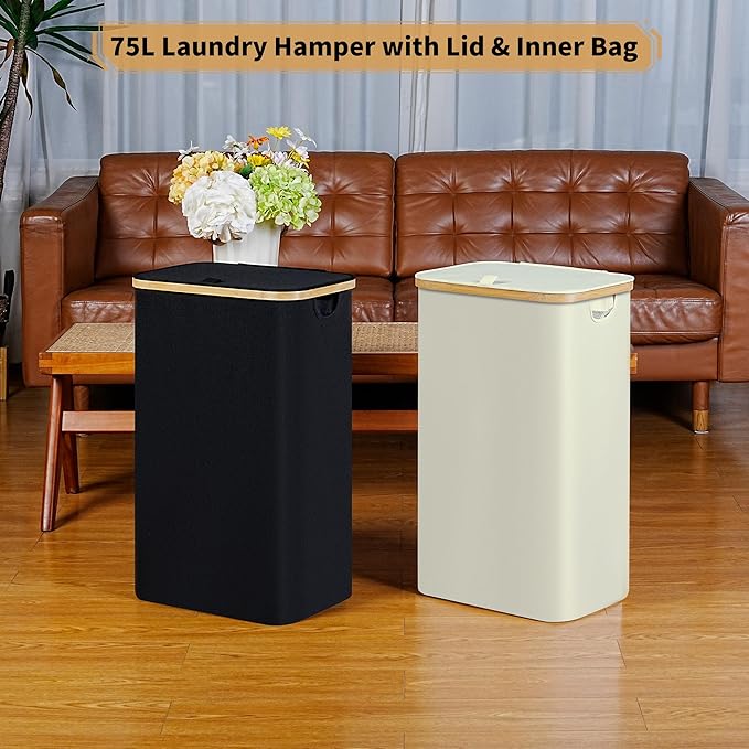 Slim Laundry Hamper,75L Beige Narrow Laundry Basket with Lid,Foldable Clothes Hamper with Bamboo Handles,Hamper Basket with Removable Inner Bag for Laundry Room Bedroom College Dorm