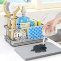 HapiRm Sink Caddy Sponge Holder - Kitchen Sink Organizer with Instant Drying Stone and Brush Holder, Stainless Steel Sponge Caddy for Kitchen Countertop - Silver