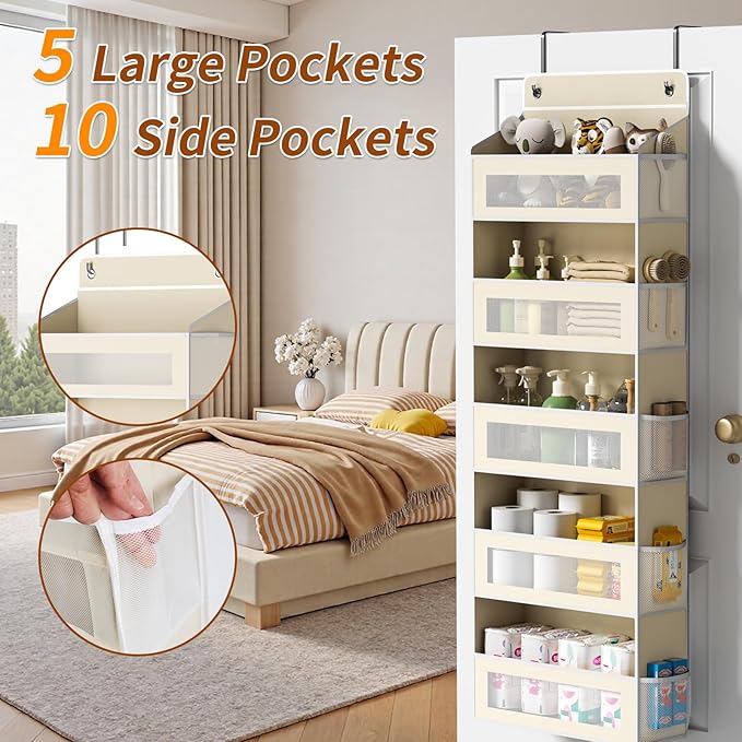 Over The Door Organizer with 5 Large Pockets, Over the Door Storage 10 Side Pocket 44 lb Load Behind Door Storage, Closet Door Organizer Hanging Shelf for Wall Bathroom Bedroom Nursery, 5-Tier Beige