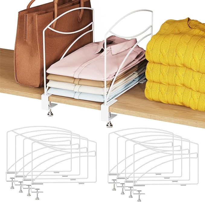 8-Piece Wire Shelf Dividers for Closet Organization, Upgraded C-Clips Adjustable Metal Shelf Dividers Suitable For Bedrooms & Kitchens, Storage Helper for Handbag Sweater Shirt Ankle Boots, White