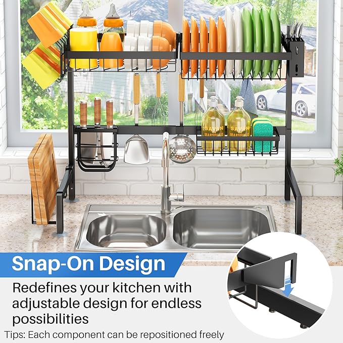 SNTD Over The Sink Dish Drying Rack - Adjustable Dish Rack for Kitchen Counter, Metal (Black)