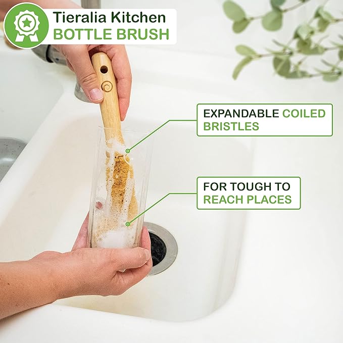Tieralia Bamboo Dish Brush Gift Set – 5-Piece Kitchen Cleaning Set with Bottle Brush, Round Scrub Brush, Palm Brush & 2 Plant-Based Sponges | Wooden Handle Cleaning Tools for Dishes & Surfaces